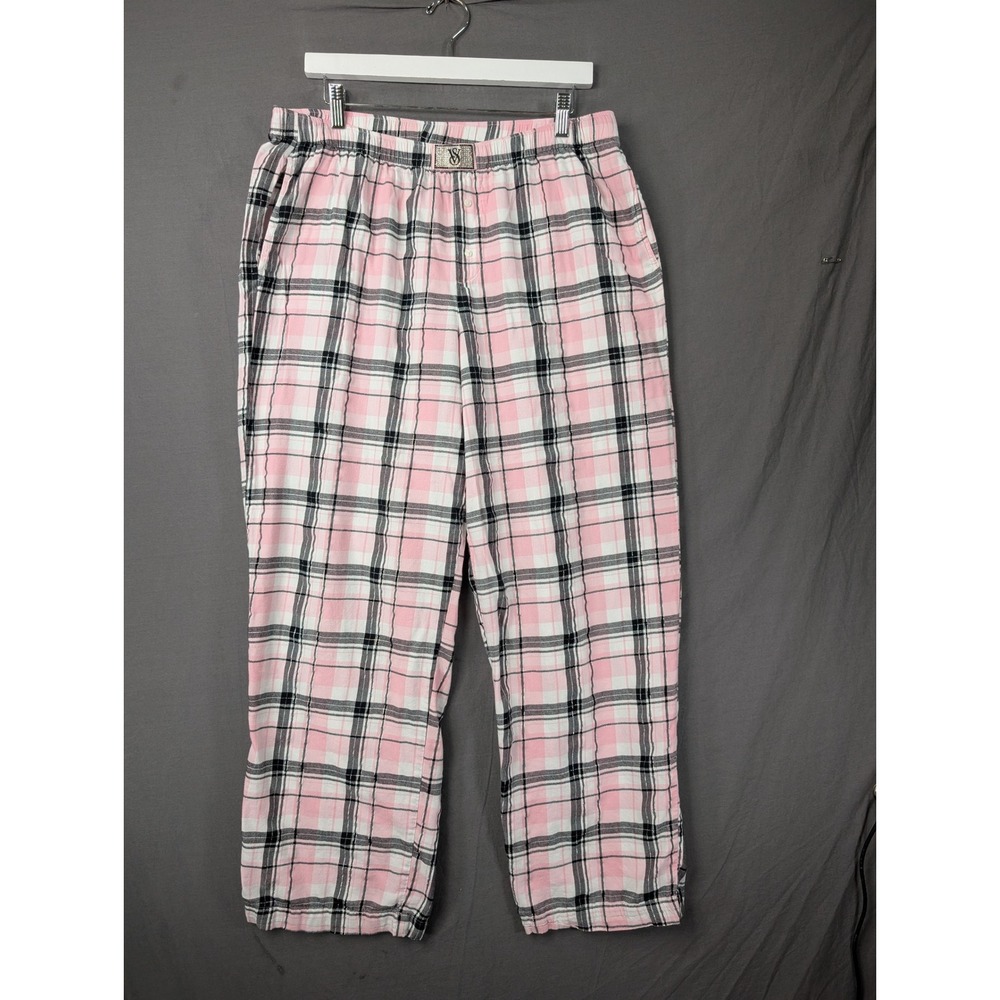 Victoria's Secret Pink Plaid Flannel Pajama Pants L Silver Lurex Sparkle 5855